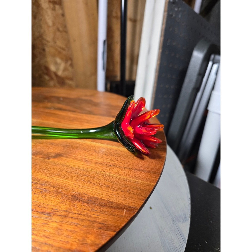 Vintage Hand Blown Art Glass Flower Long Stem Red Orange Green 10.5 Inch - Picture 3 of 6